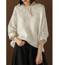Unique Blouse Indian Linen Summer Literary White Hooded Three Quarter Sleeve T-shirt