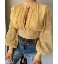 Half high neck chiffon shirt lace long sleeved fashionable top HF2402-02-02