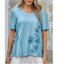 Cotton linen shirt women's short sleeved belly covering linen small shirt HF2409-03-01