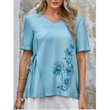 Cotton linen shirt women's short sleeved belly covering linen small shirt HF2409-03-01