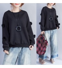 2021 winter black fuzzy ball decorated woolen sweater plus size o neck fashion knit tops