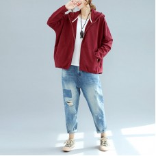 autumn burgundy casual cotton coats chunky oversize hooded long sleeve short cardigans outwear