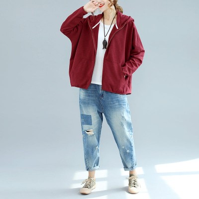 autumn burgundy casual cotton coats chunky oversize hooded long sleeve short cardigans outwear