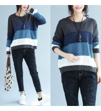 autumn winter patchwork woolen knit tops plus size casual blue gray striped sweater