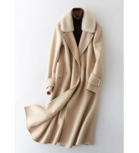 Fashion beige woolen outwear oversized long coats fur collar woolen outwear Notched