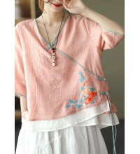 Pink V Neck Embroideried Summer Ramie Half Sleeve Tops