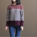 vintage burgundy striped patchwork cotton knit tops casual elastic sweater