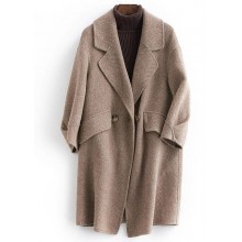 women plus size pockets outwear khaki Notched Woolen Coat