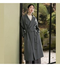 Elegant gray green woolen coats plus size clothing back open winter coat tie waist outwear