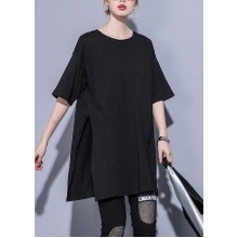 French o neck side open cotton tops Photography black blouse summer