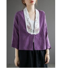 Fashion Purple Retro Embroideried Patchwork Summer Linen Blouse