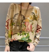 autumn plus size fashion bird prints sweater tops casual o neck women knit pullover