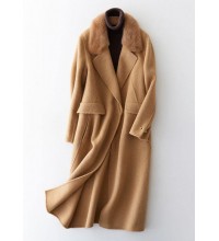 Fashion khaki woolen coats casual winter coat fur collar jackets tie waist
