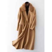 Fashion khaki woolen coats casual winter coat fur collar jackets tie waist