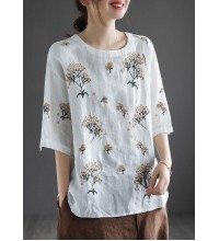 Bohemian White O-Neck Embroideried Floral Summer Linen Tops Half Sleeve